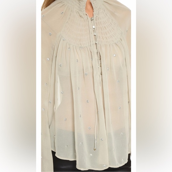 Free People Ready To Run Embellished Smocked Sheer Blouse Grey Mist Boho Chic - Picture 4 of 13